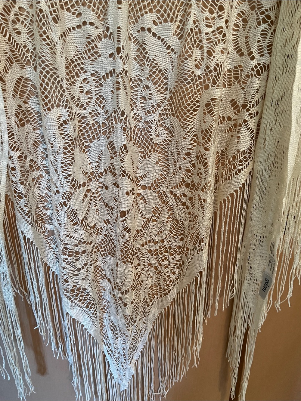 Ivory Crochet Fringe Shawl Wrap - Lightweight Feminine Cover-Up - Picture 7 of 10